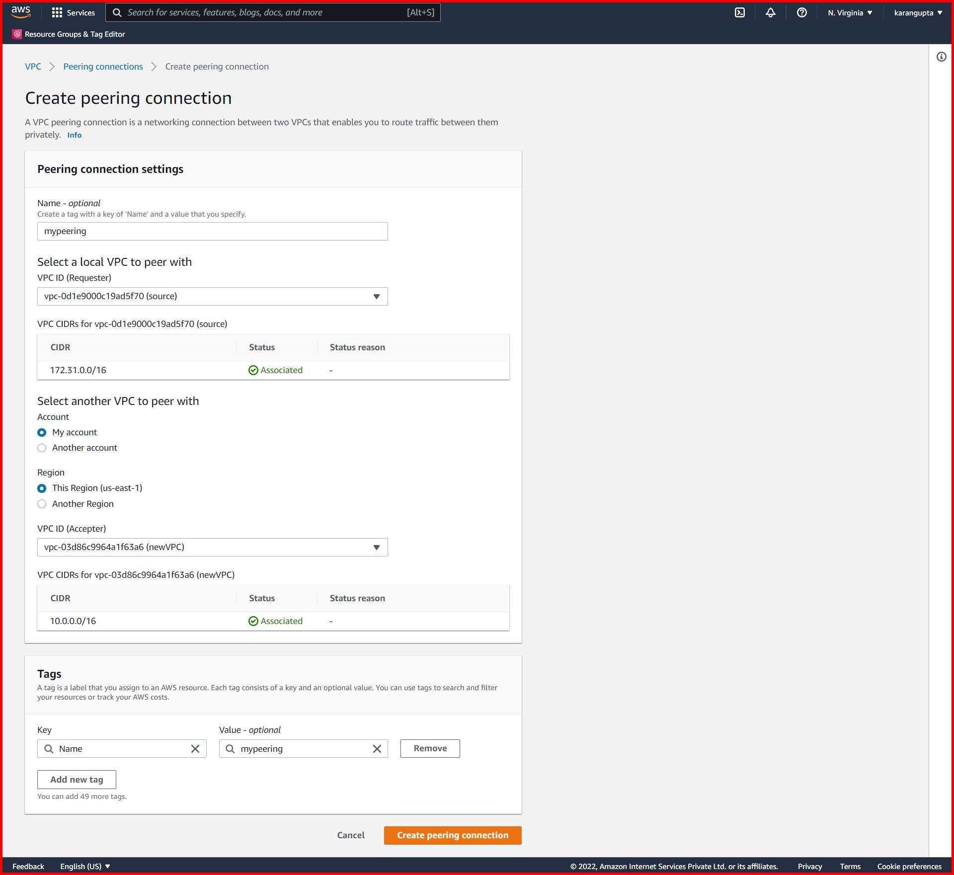 Picture showing the Create peering connection screen in AWS console